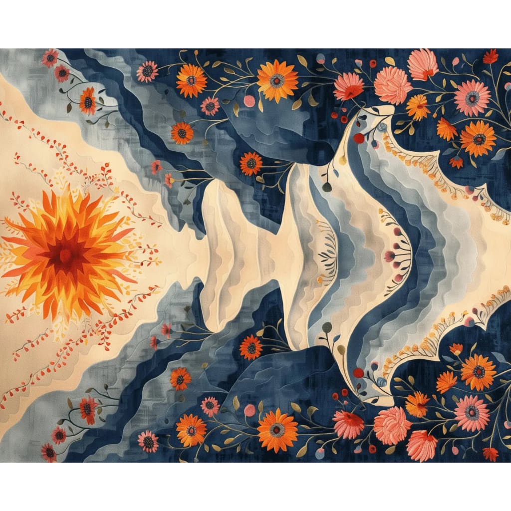 Stunning Radiant Peaks Hand Tufted Rug showcasing a vibrant floral design with warm orange and pink flowers against a rich navy blue and cream background. Perfect for adding a touch of elegance and warmth to living room area rugs. This wool rug offers a large area rug option for modern living rooms, blending abstract artistry with the cozy feel of wool.