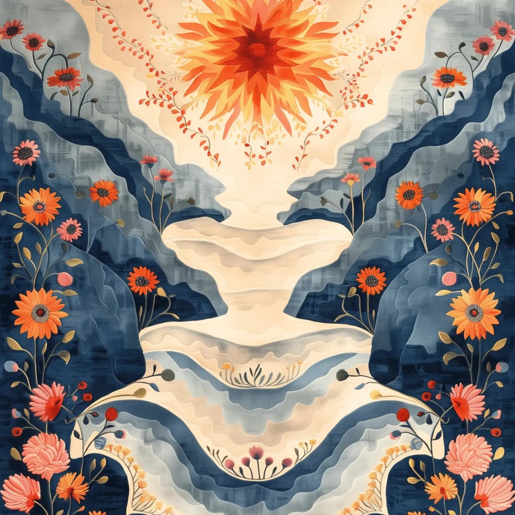 Beautiful Radiant Peaks Hand Tufted wool rug featuring a vibrant floral design with warm orange and pink flowers set against a serene blue and white background. Perfect for adding elegance to living room spaces, this large area rug is a stunning centerpiece for any living room area.