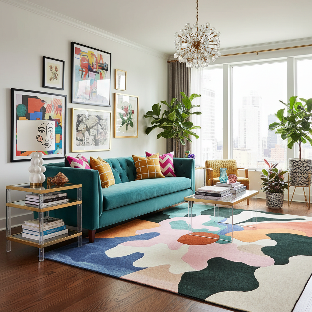 Modern living room with a teal sofa, colorful rug, and decorative elements.