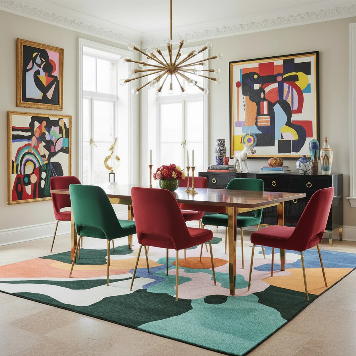 Dining room with colorful chairs and abstract art on a patterned rug.