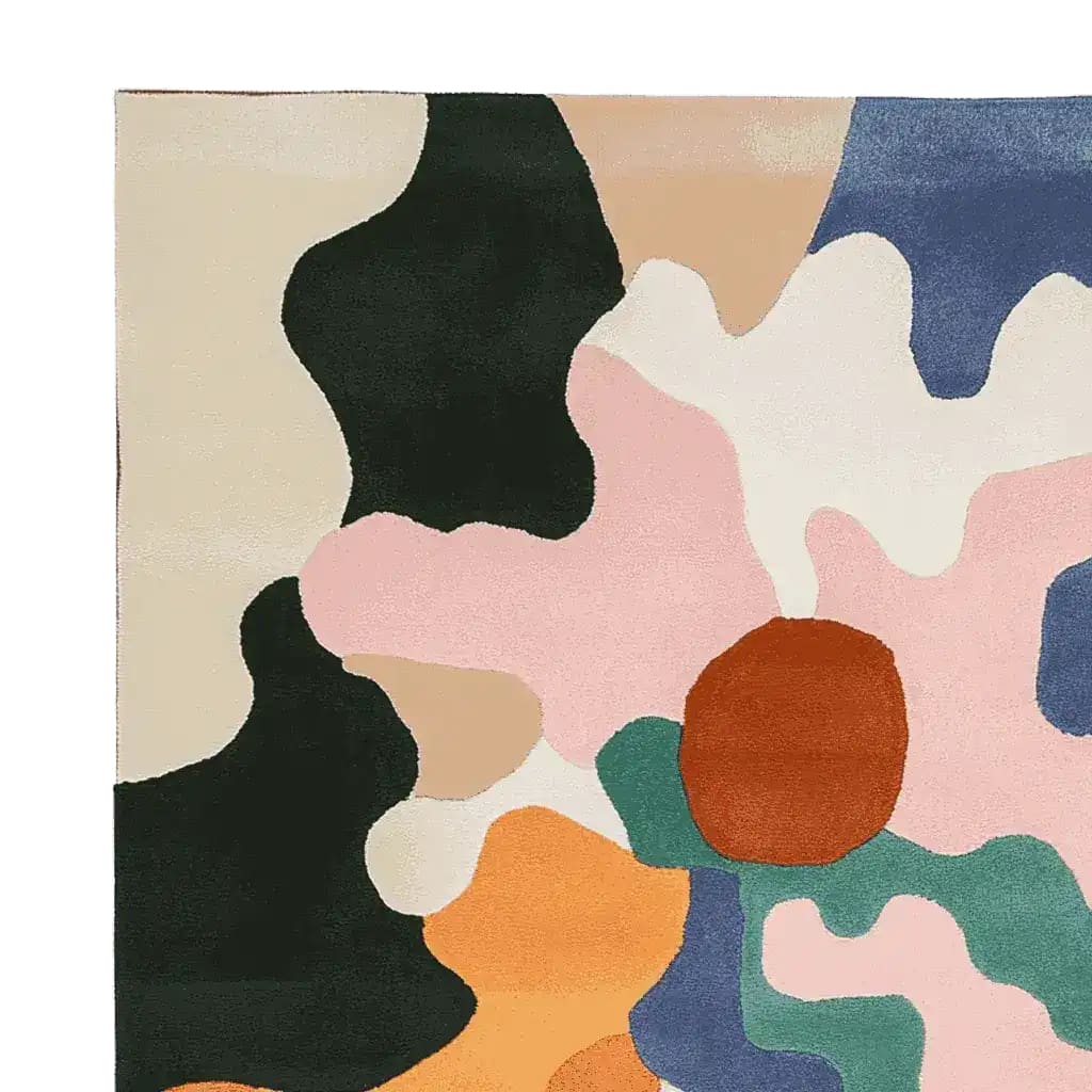 Top view of the Radiant Petal Chaos Hand Tufted Rug, showcasing an abstract design with vibrant colors and bold shapes. This contemporary wool area rug is perfect for adding a modern touch to large living rooms.
