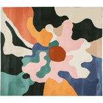 A vibrant and contemporary area rug featuring an abstract floral design with bold colors like pink, orange, green, and blue. This hand-tufted wool rug is perfect for adding a splash of color to large living room spaces, making it an ideal choice for those seeking stylish area rugs for living rooms.