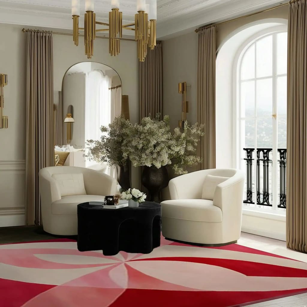 A beautifully styled living room featuring a Radiant Petal Dance Hand Tufted square area rug. This contemporary wool rug, with its vibrant red and pink hues, adds a modern touch to the space. The large area rug is perfect for living rooms, complementing the elegant white chairs and a chic black coffee table beneath a luxurious chandelier.