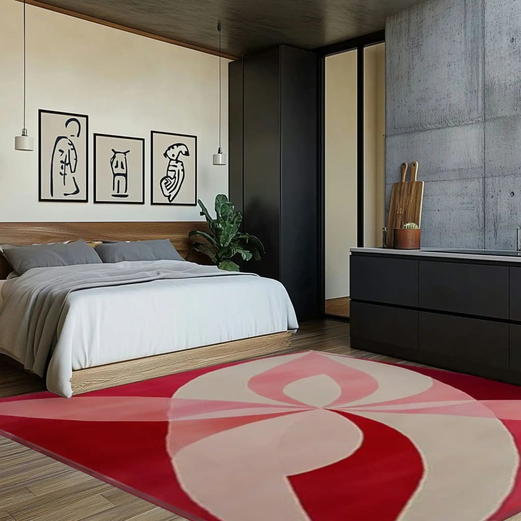 A contemporary square area rug with abstract red and pink petal designs, enhancing the modern charm of a living room. The wool rug adds warmth and style, making it an ideal choice for large area rugs in a cozy setting.