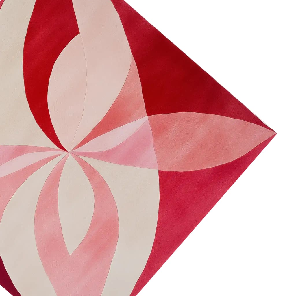 Radiant Petal Dance Hand Tufted Area Rug with an abstract floral design in shades of red, pink, and beige. This contemporary square area rug is perfect for adding a vibrant touch to living room decor. Made from high-quality wool, it serves as a large area rug suitable for modern living rooms.
