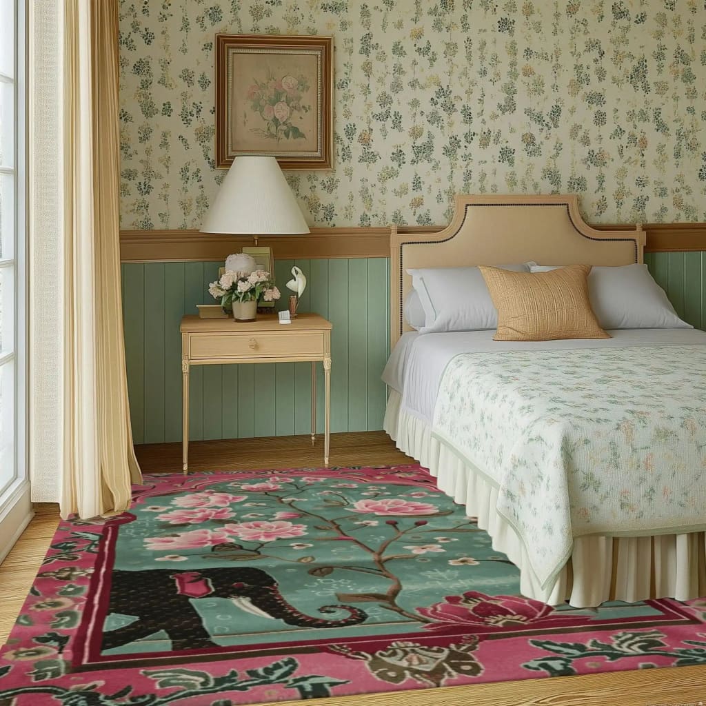 Vibrant and artistic area rug showcasing an elephant and floral design in a cozy bedroom setting. This wool rug adds a touch of elegance and warmth, perfect for large living room rugs and Persian-inspired decor. Ideal for adding character to any living room space.