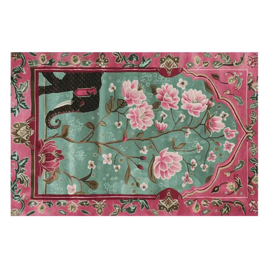 The Radiant Petals Hand Tufted Wool Rug features a vibrant design with pink floral patterns and intricate details on a teal background. Perfect for large living room areas, this Persian-style wool rug adds elegance and warmth to any space, making it an ideal choice for rugs for living room settings.