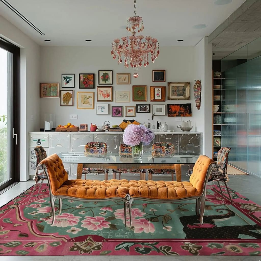 A beautiful living room featuring a Radiant Petals Hand Tufted Wool Rug. This area rug, ideal for large living room spaces, showcases a vibrant Persian-inspired design with pink and green floral patterns. The wool rug complements the elegant decor of the room, including a glass dining table, upholstered chairs, and an ornate chandelier, making it a perfect choice for those seeking luxury rugs for living rooms.