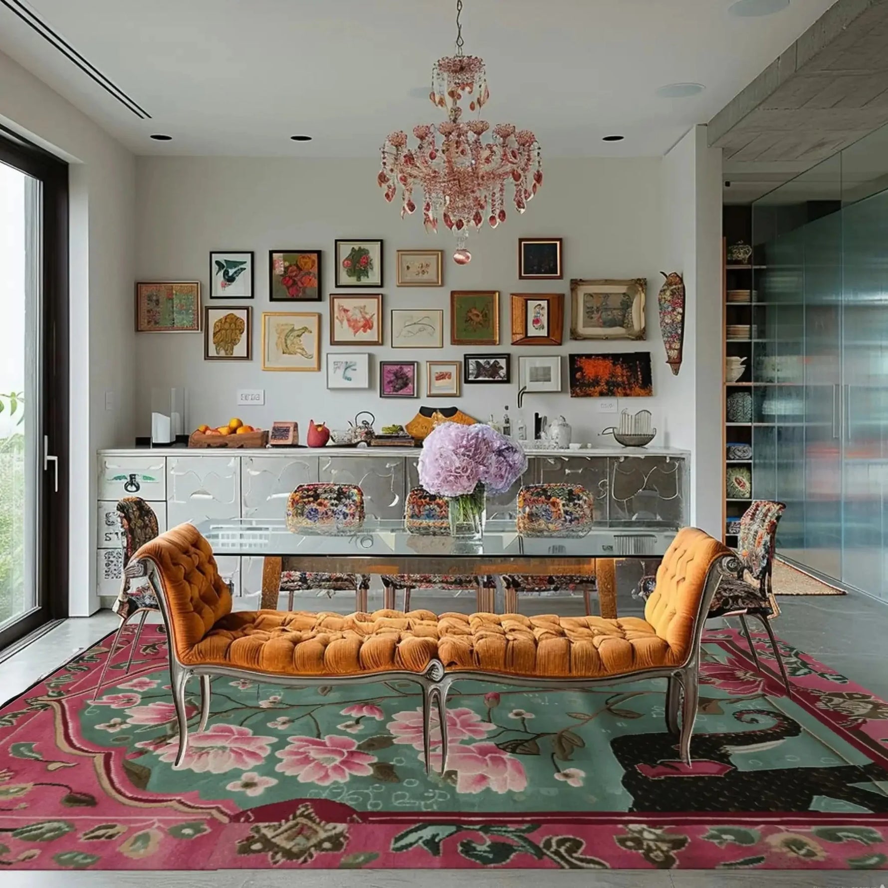 A beautiful living room featuring a Radiant Petals Hand Tufted Wool Rug. This area rug, ideal for large living room spaces, showcases a vibrant Persian-inspired design with pink and green floral patterns. The wool rug complements the elegant decor of the room, including a glass dining table, upholstered chairs, and an ornate chandelier, making it a perfect choice for those seeking luxury rugs for living rooms.