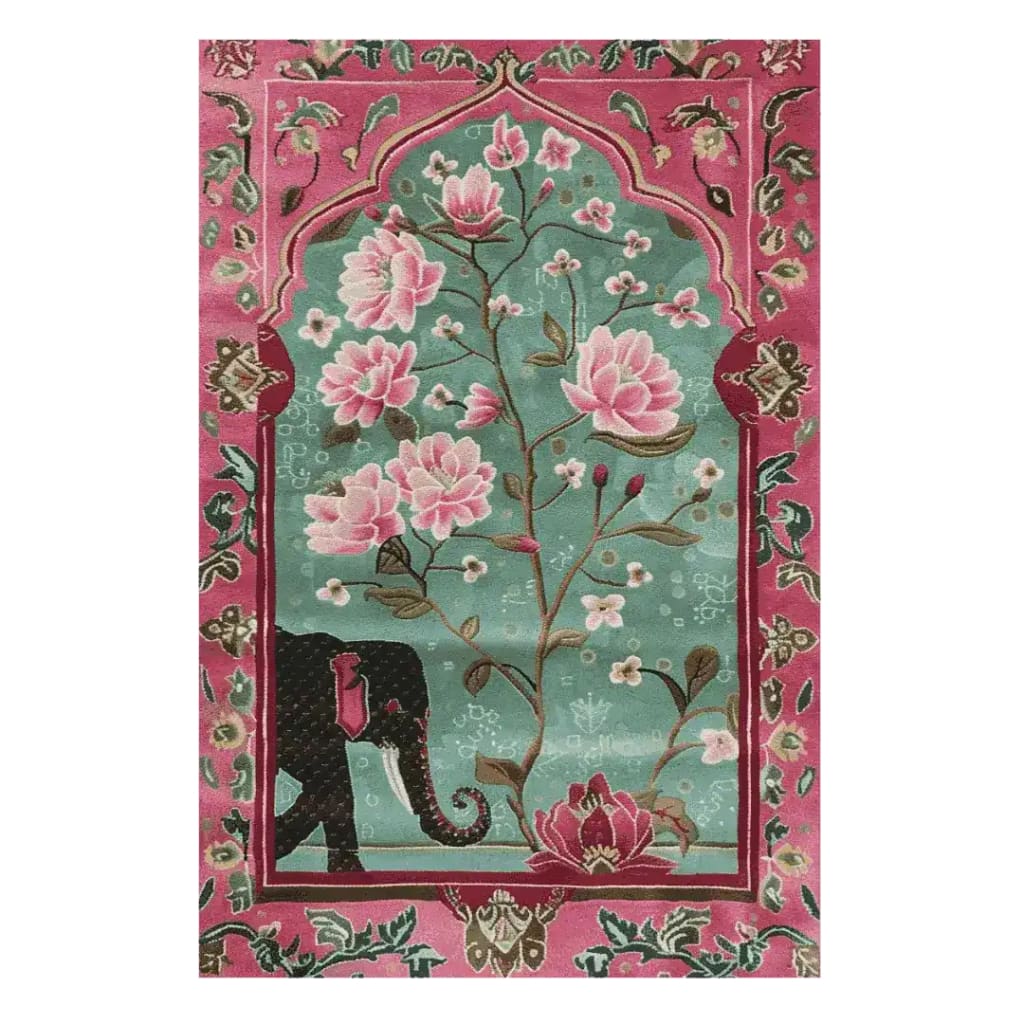 A beautifully crafted area rug featuring a hand-tufted wool design with intricate floral patterns and an elephant motif, perfect for large living room spaces. This vibrant Persian-style rug enhances any room with its colorful and detailed artistry, ideal for those seeking luxury rugs for living room decor.