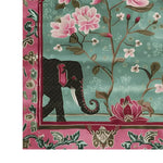 Close-up view of the Radiant Petals Hand Tufted Wool Rug, showcasing a vibrant design featuring a majestic elephant and pink floral patterns, perfect for large living room spaces. This wool rug combines elements of Persian rugs with a modern twist, making it an ideal choice for rugs for living room areas.