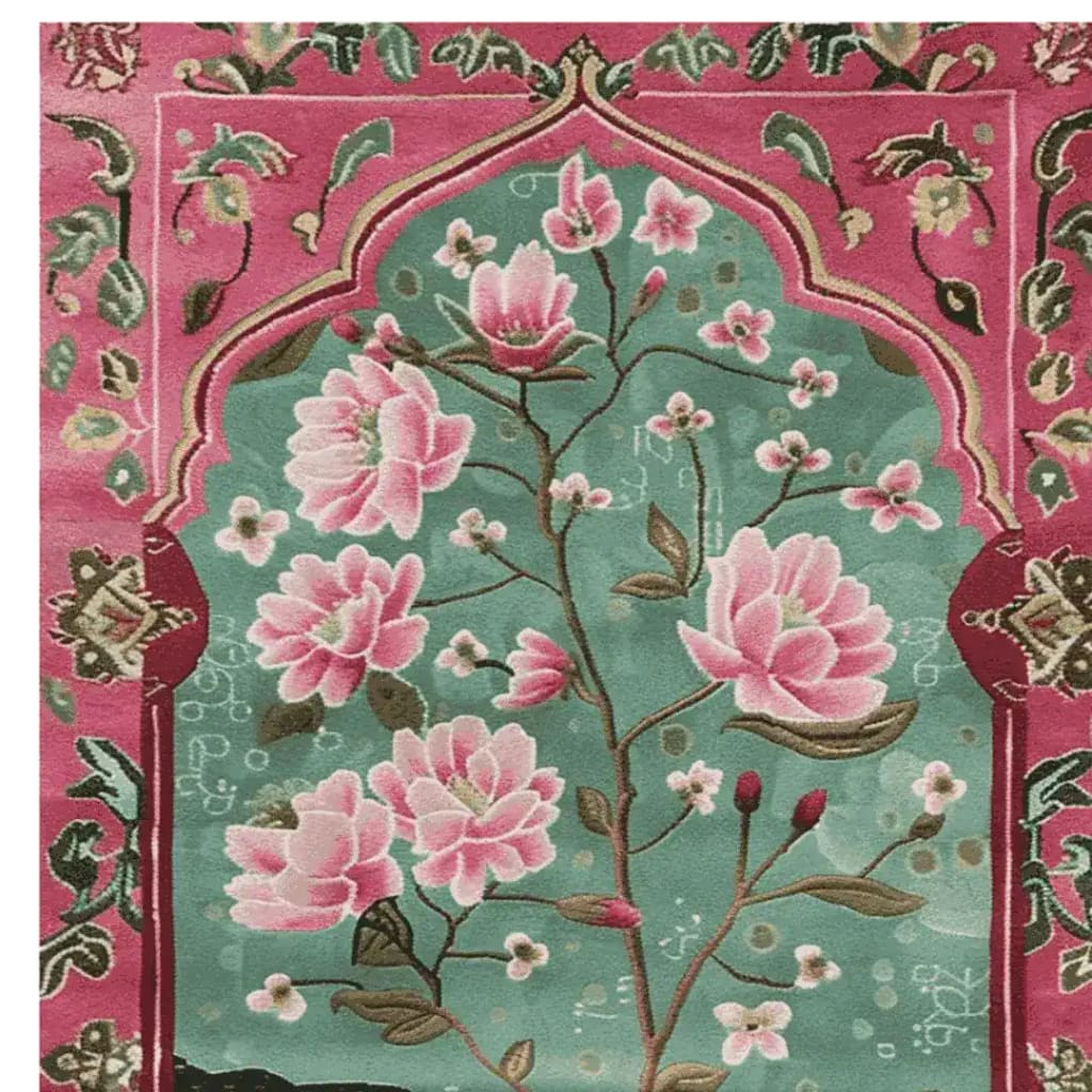 This vibrant area rug features an intricate floral design with radiant pink petals and lush green leaves set against a rich teal background. It's crafted from high-quality wool, offering a luxurious touch perfect for large living room rugs. The Persian-inspired pattern adds a touch of elegance, making it an ideal wool rug for those seeking stylish rugs for living room spaces.