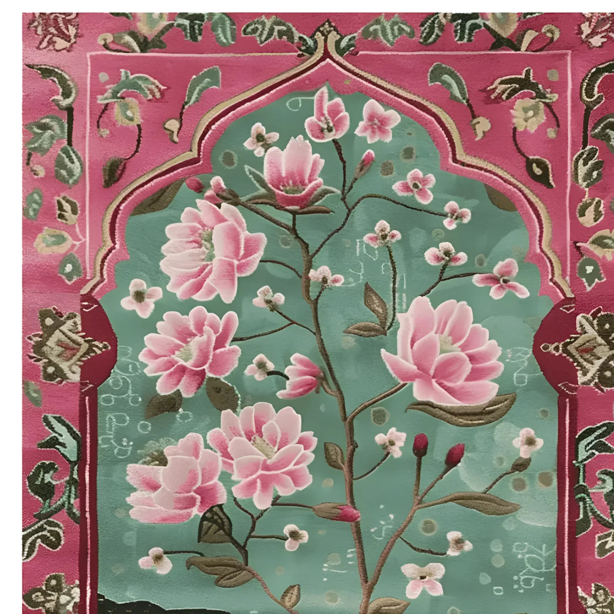This vibrant area rug features an intricate floral design with radiant pink petals and lush green leaves set against a rich teal background. It's crafted from high-quality wool, offering a luxurious touch perfect for large living room rugs. The Persian-inspired pattern adds a touch of elegance, making it an ideal wool rug for those seeking stylish rugs for living room spaces.