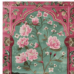 This vibrant area rug features an intricate floral design with radiant pink petals and lush green leaves set against a rich teal background. It's crafted from high-quality wool, offering a luxurious touch perfect for large living room rugs. The Persian-inspired pattern adds a touch of elegance, making it an ideal wool rug for those seeking stylish rugs for living room spaces.