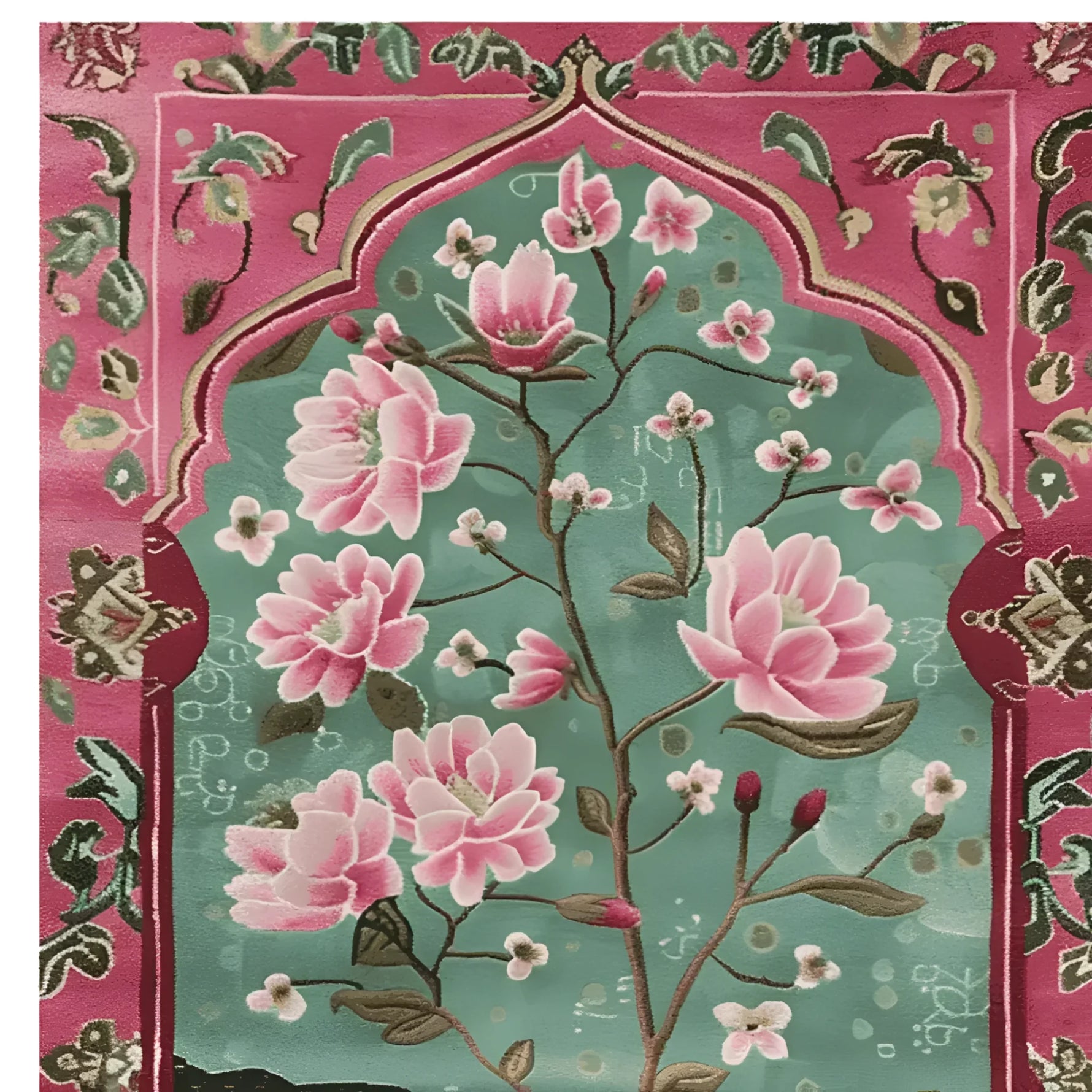 This vibrant area rug features an intricate floral design with radiant pink petals and lush green leaves set against a rich teal background. It's crafted from high-quality wool, offering a luxurious touch perfect for large living room rugs. The Persian-inspired pattern adds a touch of elegance, making it an ideal wool rug for those seeking stylish rugs for living room spaces.