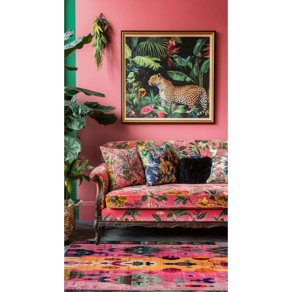 A vibrant living room setting featuring a radiant spectrum wool hand-knotted area rug. The square area rug, with its intricate abstract patterns in bold colors, complements the floral-themed sofa and lush indoor plants. The wool rug adds a touch of elegance and warmth to the living room decor.