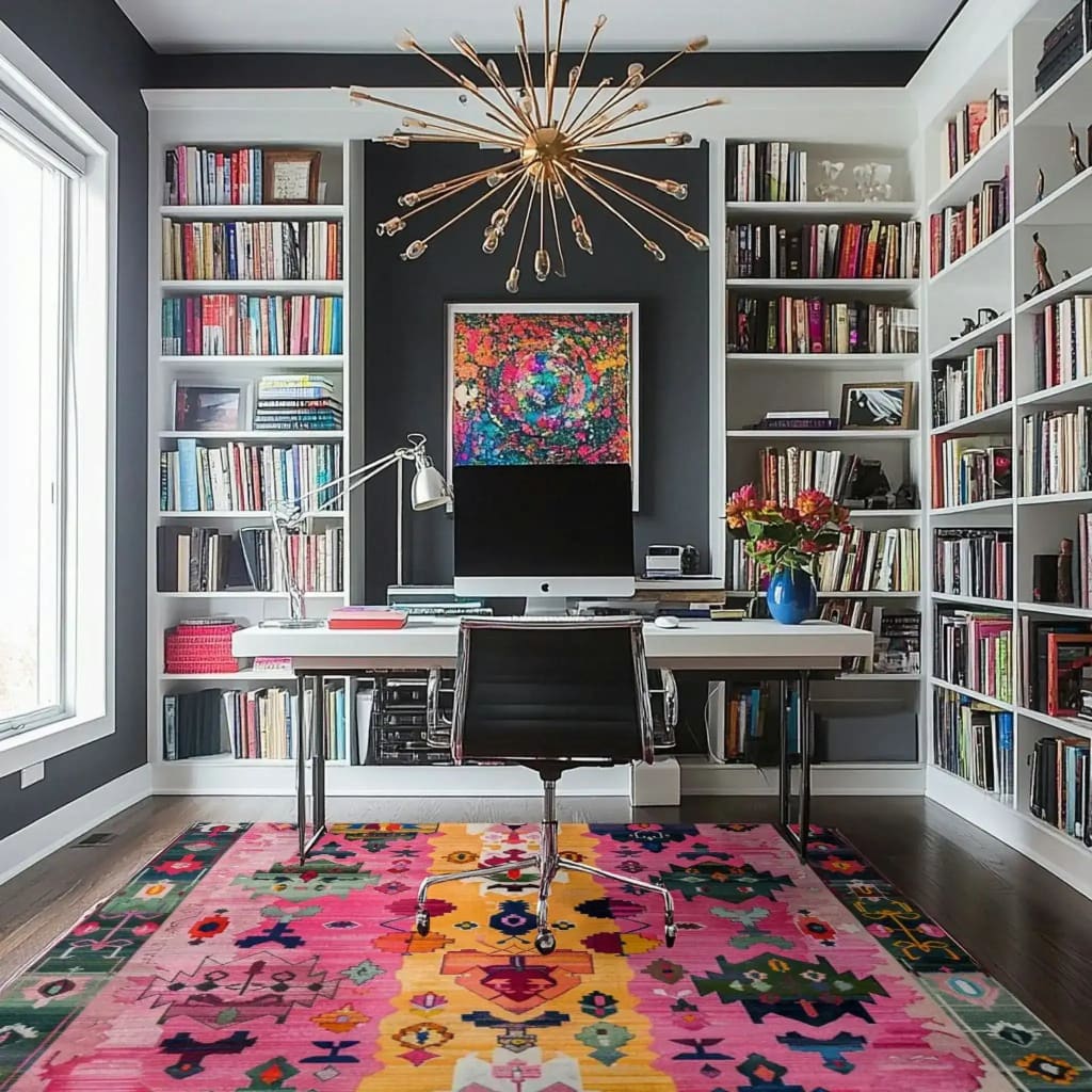 A vibrant Radiant Spectrum Wool Hand Knotted Area Rug in a cozy living room setting. This colorful square area rug features an abstract design with pink, yellow, and green hues, adding a pop of color to the modern home office space with bookshelves and a stylish desk, showcasing its versatility as a living room area rug.