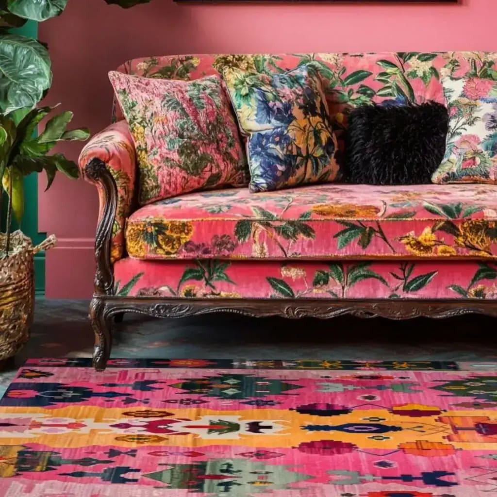 A vibrant Radiant Spectrum Wool Hand Knotted Area Rug with colorful abstract patterns, placed elegantly in a stylish living room setting. The square rug complements the floral-patterned pink sofa, adding a pop of color and texture to the space. Ideal for those seeking unique living room area rugs that offer both comfort and a splash of artistic flair.