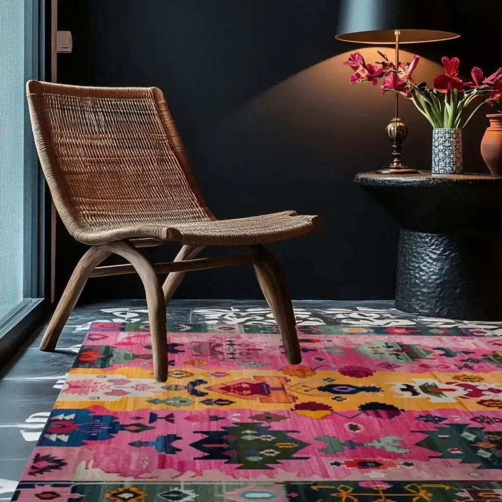 Vibrant Radiant Spectrum Wool Hand Knotted Square Area Rug in a cozy living room setting. The colorful abstract design complements the woven chair and elegant side table with flowers, creating a warm and inviting atmosphere.