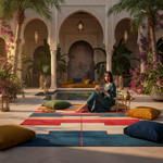 Woman sitting on a colorful rug in a decorative courtyard with arches, plants, and lanterns.