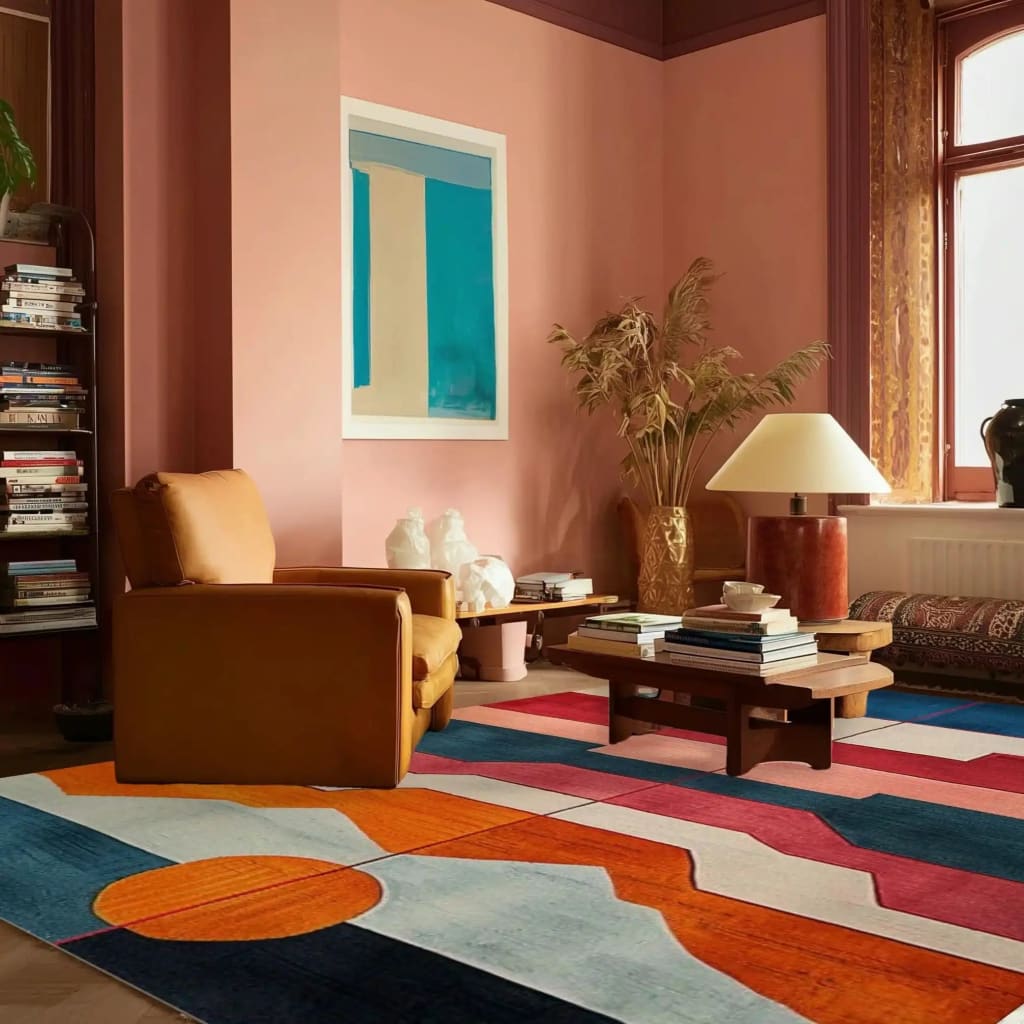 A vibrant contemporary area rug, titled 'Radiant Sunscape Hand Tufted Wool Rug', displayed in a cozy dining room setting. The wool rug features bold geometric patterns with bright colors, enhancing the room's modern aesthetic. Ideal for use in a bedroom or as a dining room area rug, this piece adds warmth and style to any space.