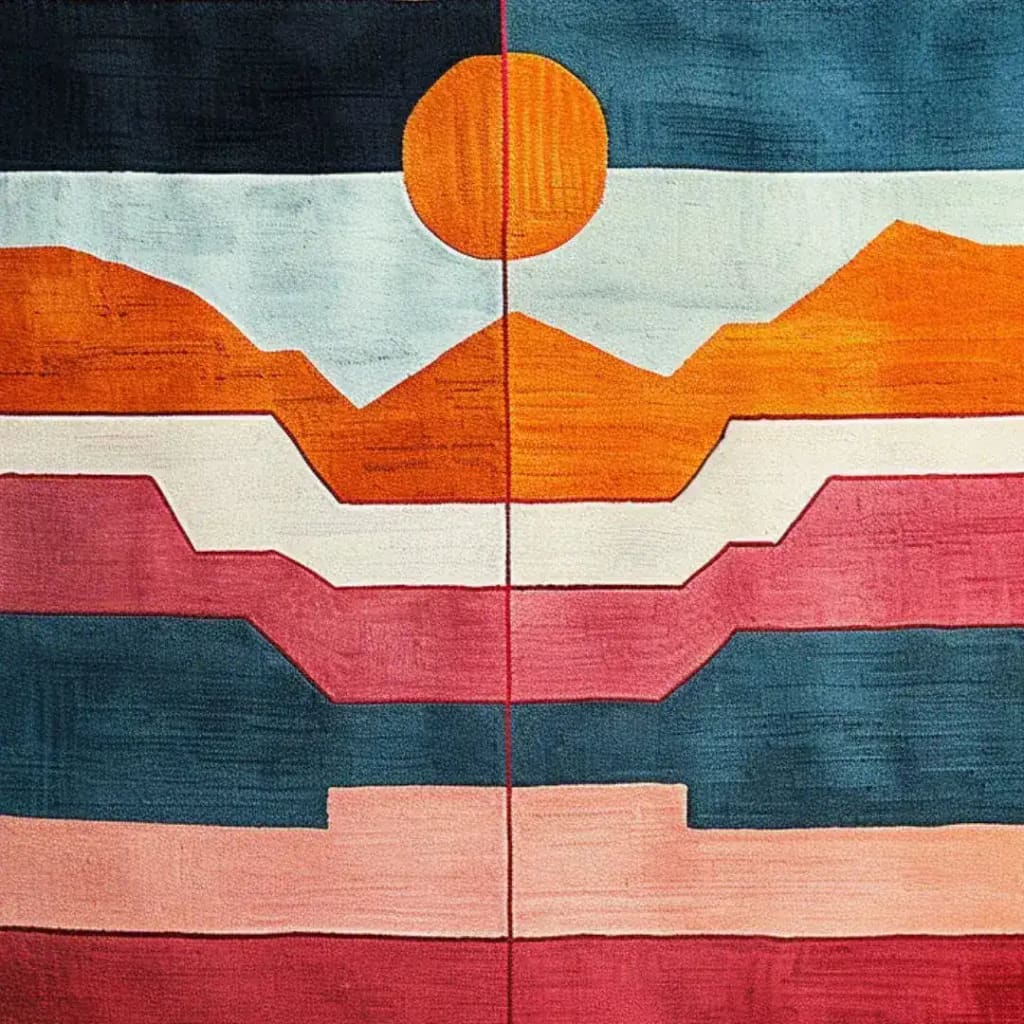 A vibrant, contemporary area rug with a sunscape design, featuring bold geometric patterns in shades of orange, pink, and blue. This hand-tufted wool rug is perfect for adding a splash of color to your dining room or bedroom, making it an ideal choice for dining room area rugs.