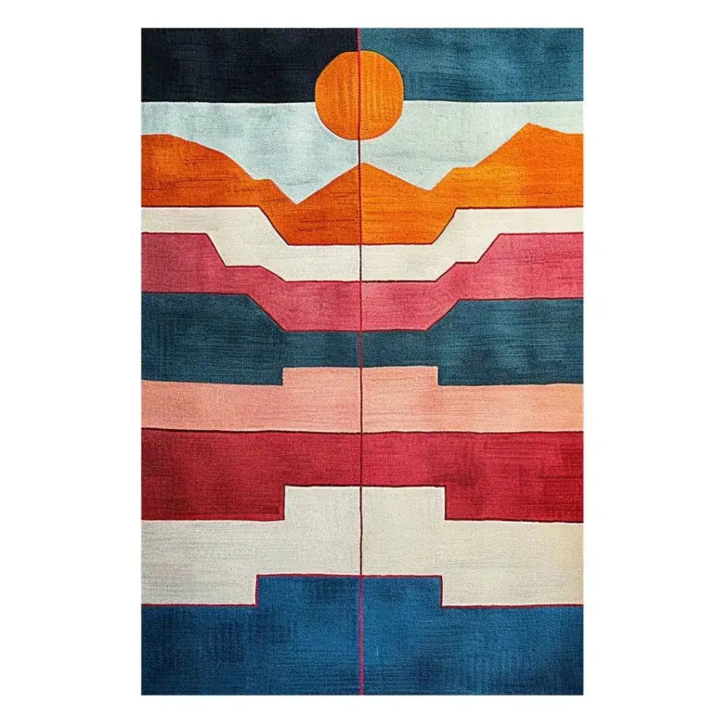 Vibrant Radiant Sunscape Hand Tufted Wool Rug with bold geometric patterns and sunset hues, perfect for a contemporary dining room or bedroom. This area rug showcases a stunning abstract design, ideal for enhancing dining room area rugs collections.
