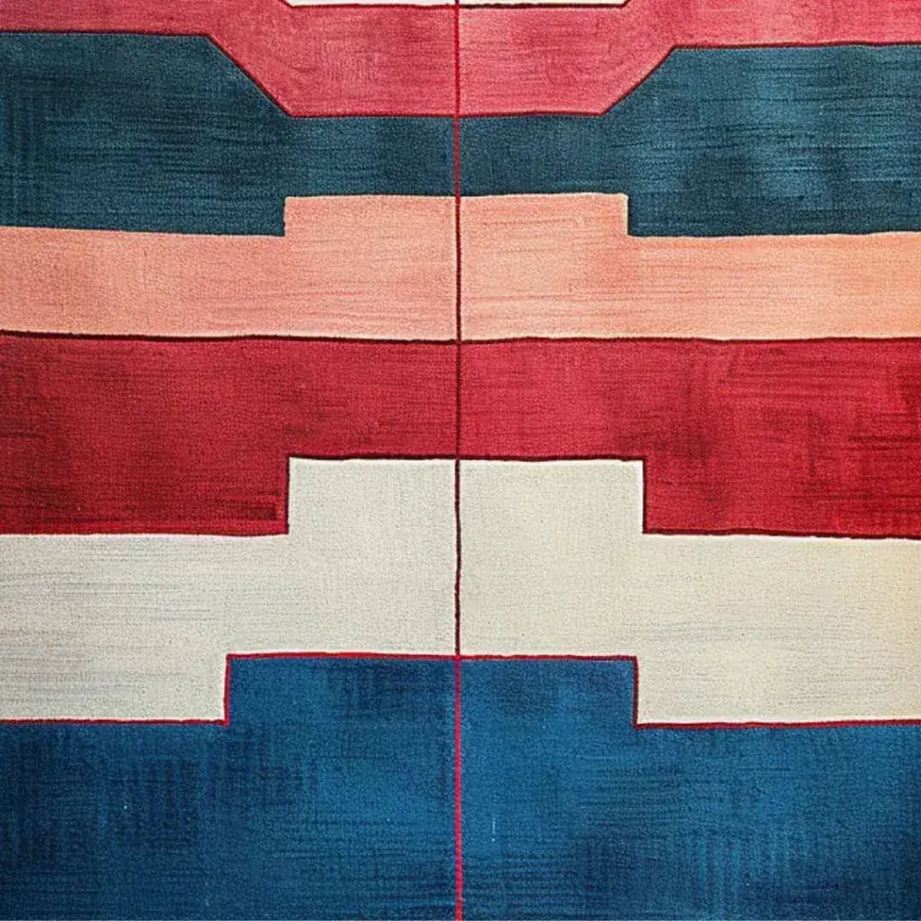 This vibrant area rug showcases a contemporary design with bold horizontal stripes in shades of red, blue, and cream. Perfect for adding a pop of color to dining rooms or bedrooms, this hand-tufted wool rug combines modern style with comfort, making it a standout piece among dining room area rugs.