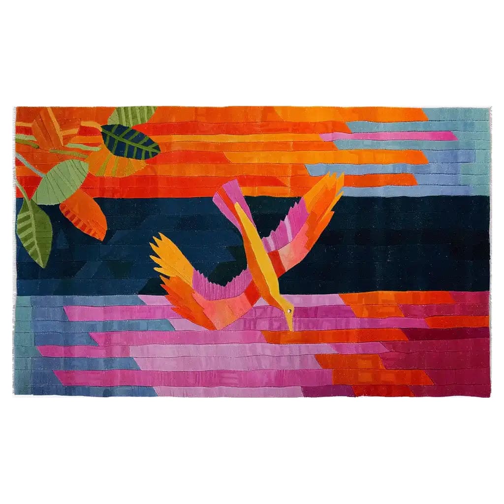 Vibrant Radiant Wing Hand Tufted Wool Rug featuring an abstract bird design in vivid shades of orange, pink, and blue. This large area rug, perfect for living rooms, is an 8x10 wool masterpiece that adds a splash of color to any space.