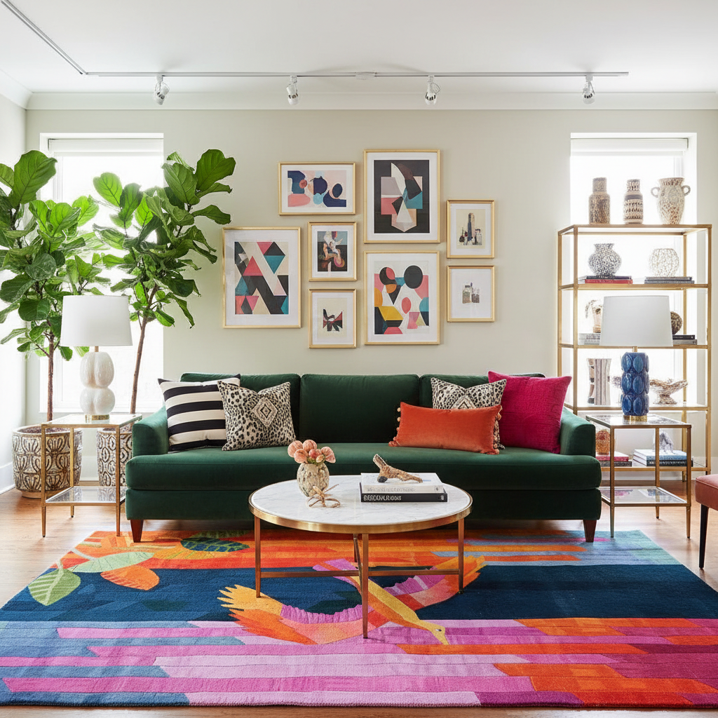 Modern living room with a green sofa, colorful rug, and decorative wall art.