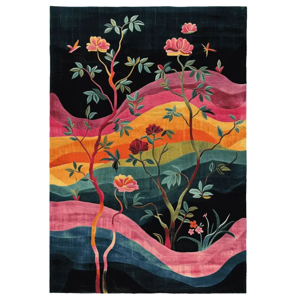 A vibrant hand-tufted area rug with a stunning floral design, featuring colorful blooms and abstract patterns. This wool rug showcases rich hues of pink, orange, and green, perfect for adding a touch of elegance to any living room. Ideal as an area rug for living room spaces, this piece combines artistry and craftsmanship for a unique decorative touch.