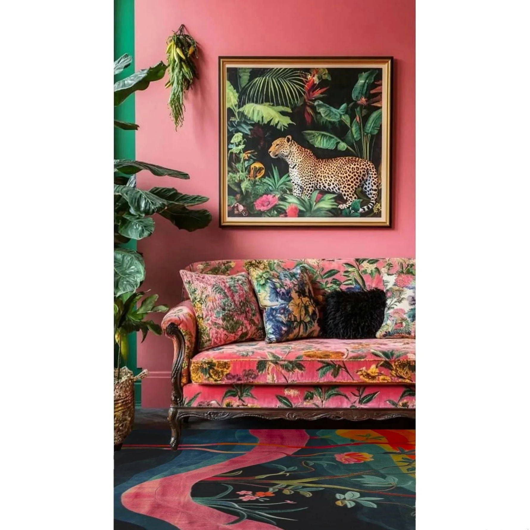 Colorful sofa with floral patterns in a room with pink walls and a framed artwork of a leopard.