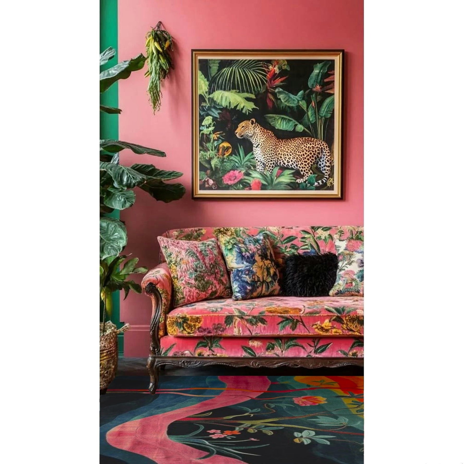 Colorful sofa with floral patterns in a room with pink walls and a framed artwork of a leopard.
