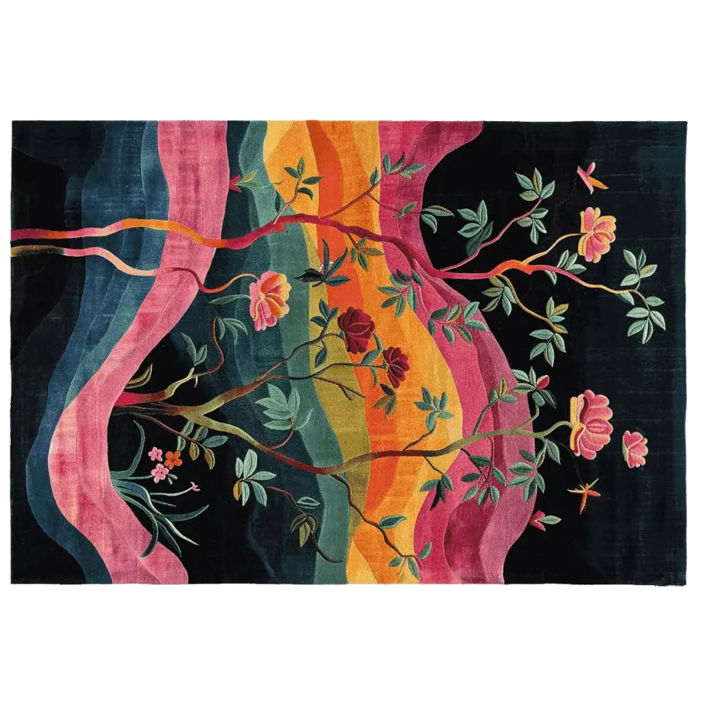 Discover the vibrant Rainbow Garden Nightfall Hand Tufted Area Rug, featuring a stunning floral design with colorful branches and flowers set against a dark backdrop. This wool rug is perfect for adding a touch of elegance to your living room, making it an ideal choice for those seeking beautiful area rugs for their home decor.