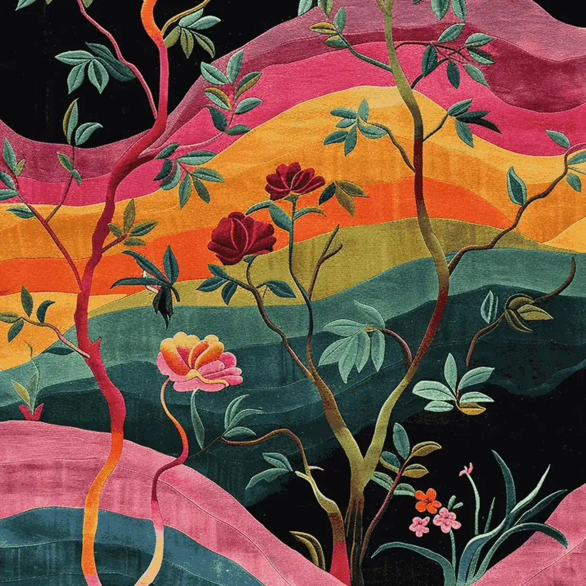 Vibrant Rainbow Garden Nightfall Hand Tufted Area Rug featuring a stunning floral design. This wool rug showcases a rich tapestry of colorful waves in pink, orange, and green, intertwined with elegant branches and blooming flowers. Perfect for adding a touch of nature-inspired beauty to your living room decor, this floral rug is an exquisite choice for those seeking unique area rugs for their living space.