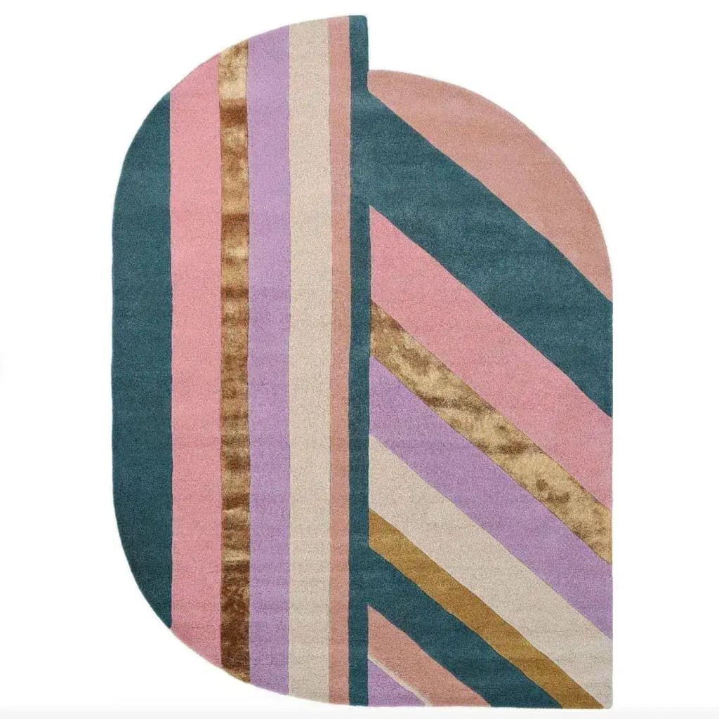 Colorful Rainbow Geometry Retro Hand Tufted Wool Rug, perfect for adding a vintage touch to your living room or bedroom. This 8x10 area rug features bold, geometric patterns in pink, purple, and green hues, ideal for enhancing any space with a retro flair.