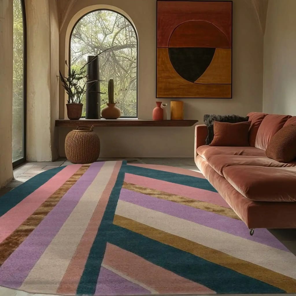 A vibrant Rainbow Geometry Retro Hand Tufted Wool Rug beautifully adorns a stylish living room. The area rug features bold geometric patterns in shades of pink, purple, and brown, adding a touch of vintage charm. Perfect for living room rugs 8x10 or bedroom rugs, this wool rug complements the cozy ambiance with a plush velvet sofa and abstract wall art.