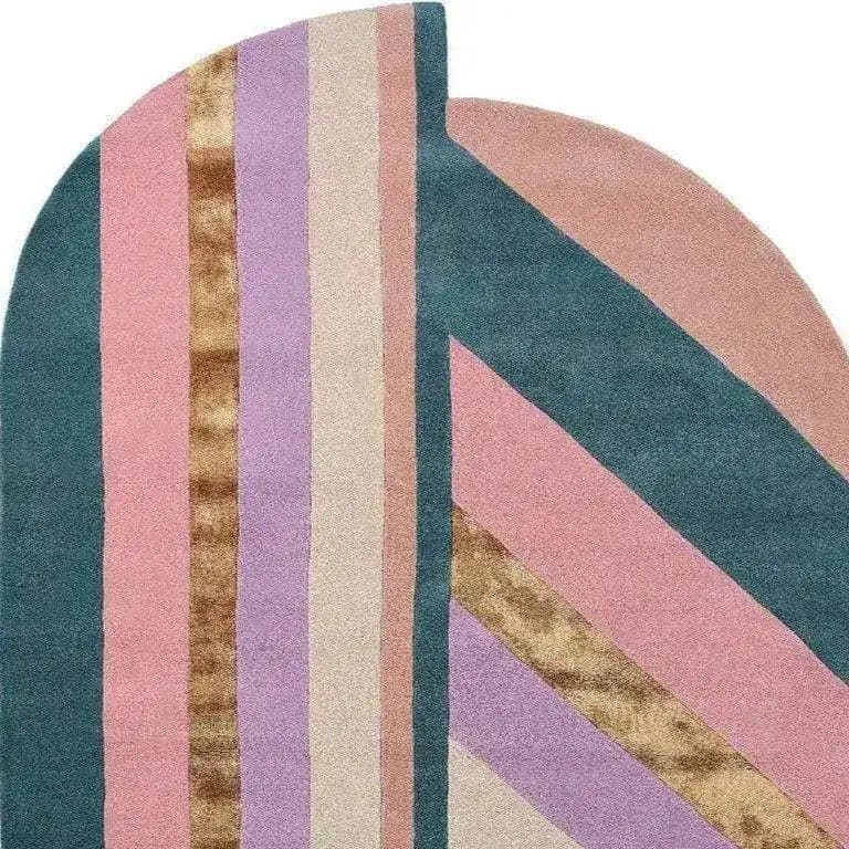 Colorful Rainbow Geometry Retro Hand Tufted Wool Rug showcasing a vibrant mix of pastel stripes in pink, purple, and teal. Perfect as an area rug for living rooms or bedrooms, this vintage-inspired wool rug adds a unique touch to your decor.