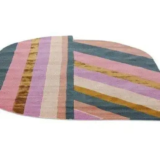 A vibrant Rainbow Geometry Retro Hand Tufted Wool Rug with a unique asymmetrical design, perfect for enhancing living rooms or bedrooms. This vintage rug features a harmonious blend of colors including pink, blue, and mustard in geometric patterns, ideal for those seeking an 8x10 wool rug to add a pop of style to their space.