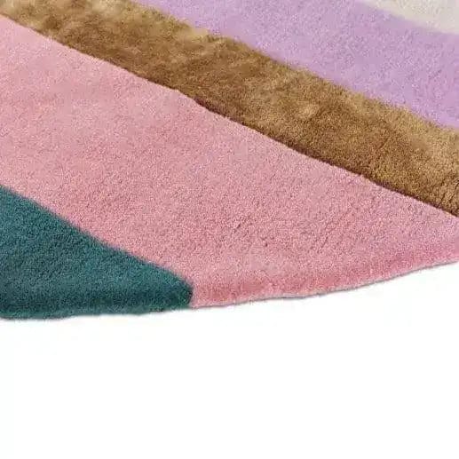 Close-up of a Rainbow Geometry Retro Hand Tufted Wool Rug showcasing colorful stripes in pink, purple, brown, and teal. Ideal as an area rug for living rooms or bedrooms, this vintage-inspired wool rug adds a cozy and artistic touch to any space. Perfect for those looking for living room rugs 8x10 or stylish bedroom rugs.