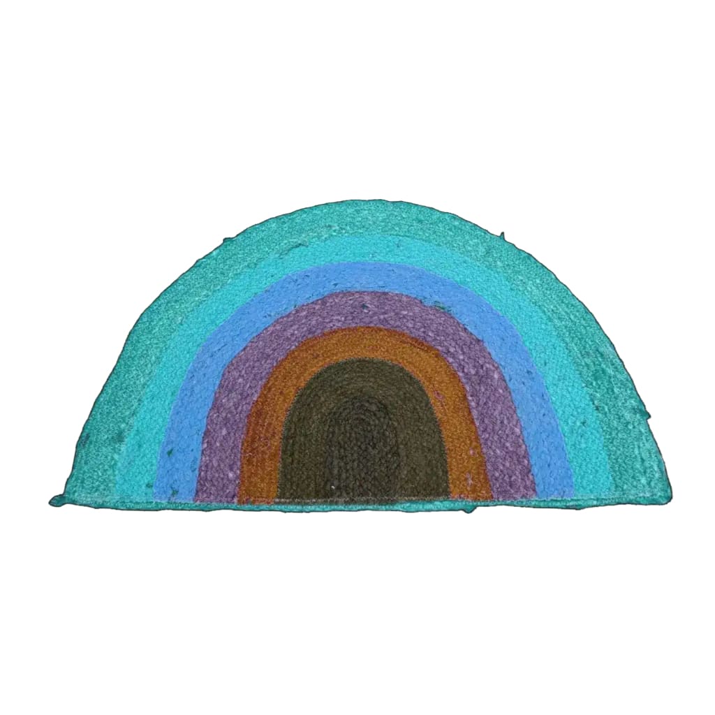 Colorful Rainbow Half Moon Accent Jute Rug in shades of blue, purple, and brown, perfect as an area rug for a large living room or office. This unique design adds a vibrant touch to living spaces, ideal for those looking for stylish living room rugs 8x10 or round rug alternatives.