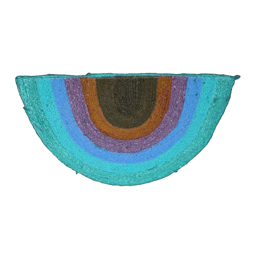 A vibrant Rainbow Half Moon Accent Jute Rug, showcasing a blend of blue, purple, and brown hues. Ideal for adding a splash of color to large living rooms or offices, this area rug is perfect for spaces needing an 8x10 round rug touch.