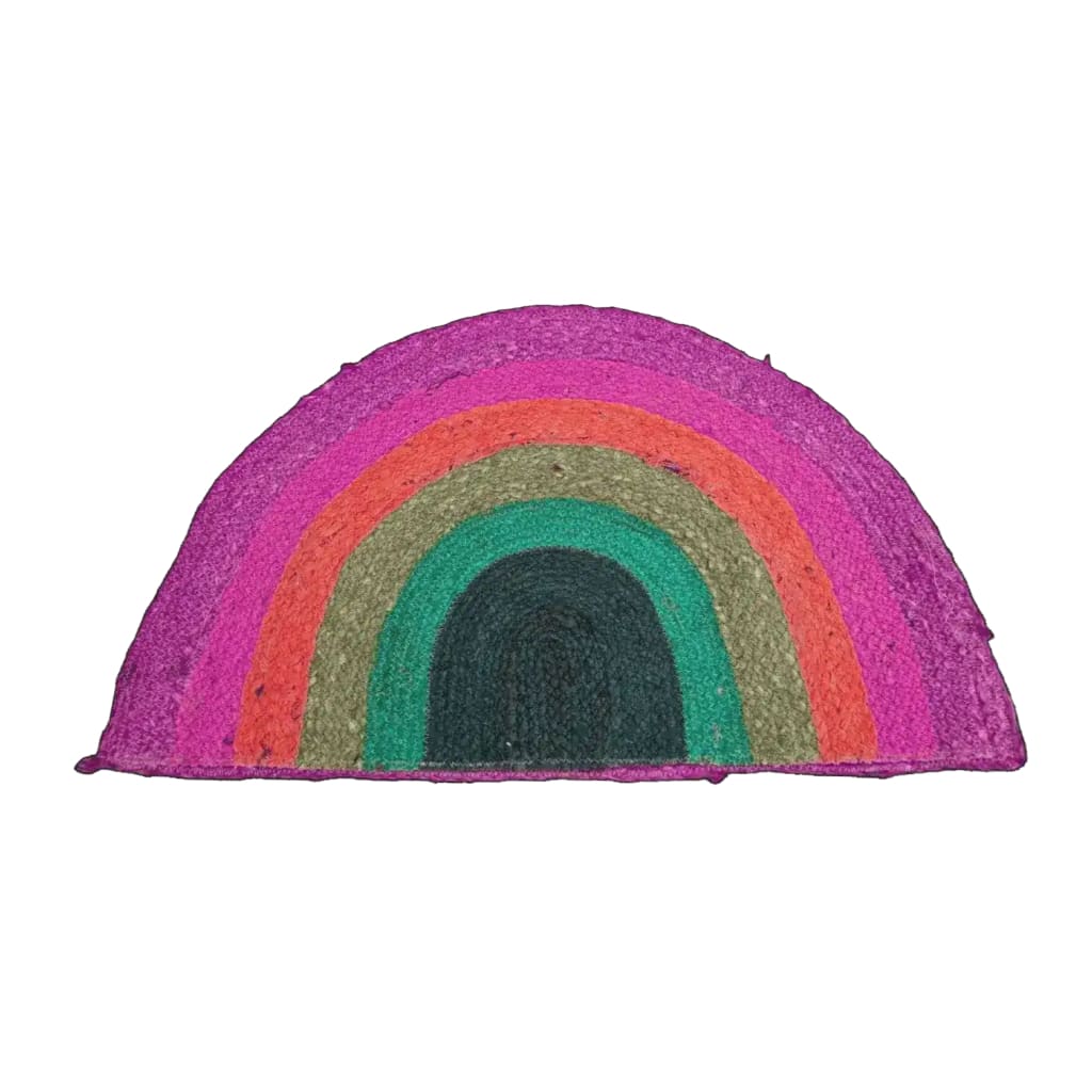 Colorful Rainbow Half Moon Accent Jute Rug in pink tones, perfect for adding a vibrant touch to your living room. This round area rug showcases a blend of colors and is an ideal choice for large area rugs in any living room setting.
