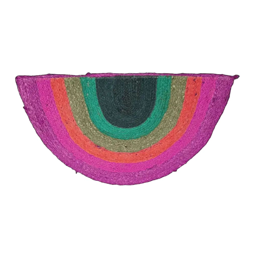 Vibrant Rainbow Half Moon Accent Jute Rug in pink, featuring a semi-circular design perfect for enhancing living room decor. This colorful area rug combines natural jute fibers with bold hues, making it an ideal choice for those seeking unique living room area rugs or a large round rug to add a splash of color.