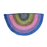 Vibrant Rainbow Half Moon Accent Jute Rug in Purple, featuring bold concentric arcs of blue, pink, green, and brown. This colorful area rug is perfect for adding a splash of color to your dining room or office space. Its durable jute construction makes it an ideal choice for those looking for stylish round rugs or dining room area rugs.