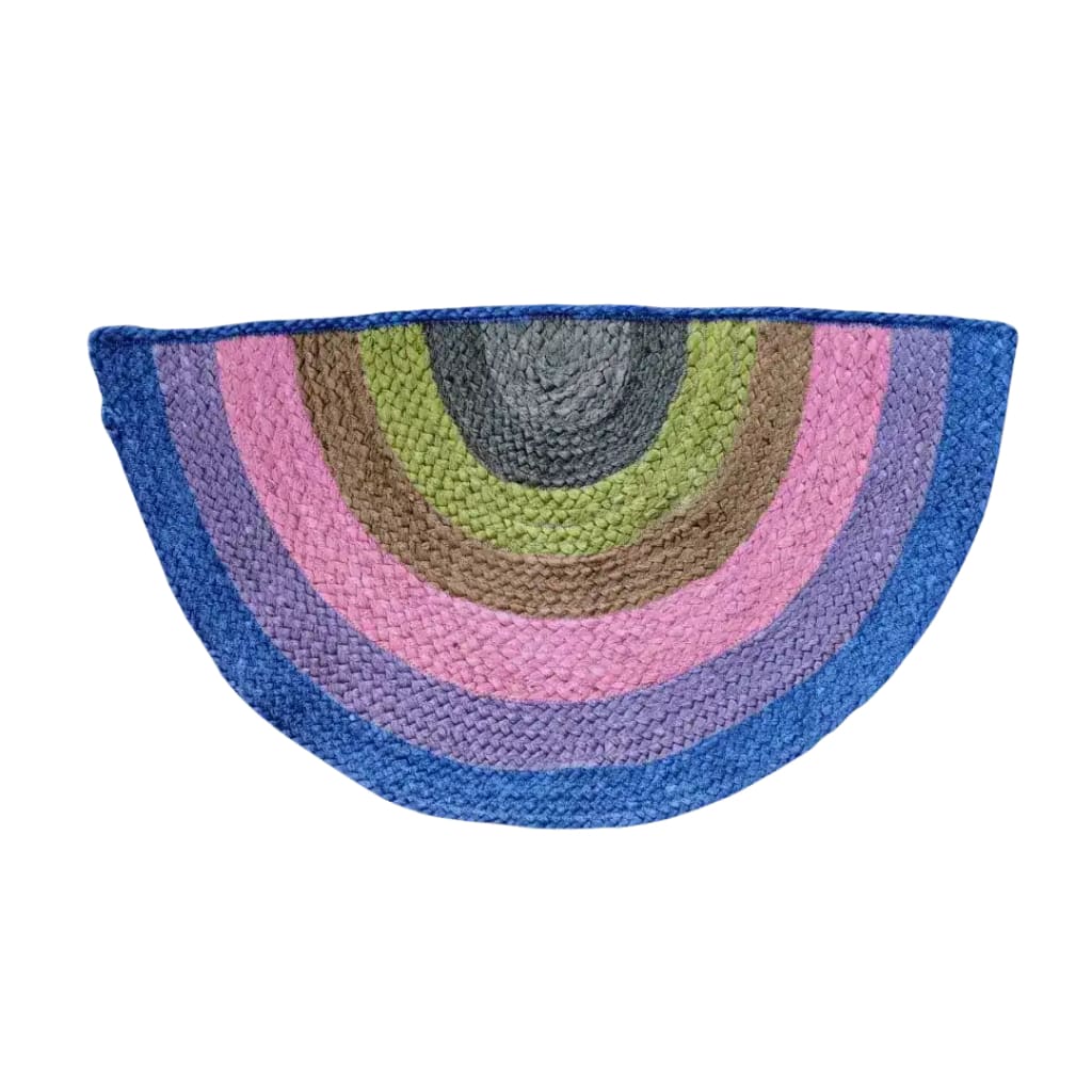 Vibrant Rainbow Half Moon Accent Jute Rug in Purple, featuring bold concentric arcs of blue, pink, green, and brown. This colorful area rug is perfect for adding a splash of color to your dining room or office space. Its durable jute construction makes it an ideal choice for those looking for stylish round rugs or dining room area rugs.