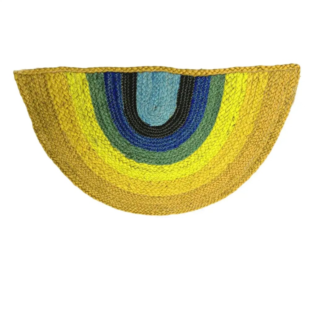 Vibrant Rainbow Half Moon Accent Jute Rug in yellow, featuring natural woven textures. Perfect for adding a pop of color to your dining room or living room. This area rug showcases a unique round design, ideal for dining room area rugs or as a stylish touch in living room and dining room spaces.