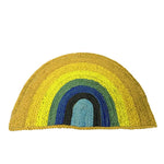 Vibrant Rainbow Half Moon Accent Area Rug in Yellow, crafted from natural jute material. Perfect for adding a splash of color to your dining room or living room, this round jute rug features a striking multicolored rainbow design, ideal for both dining room area rugs and living room settings.