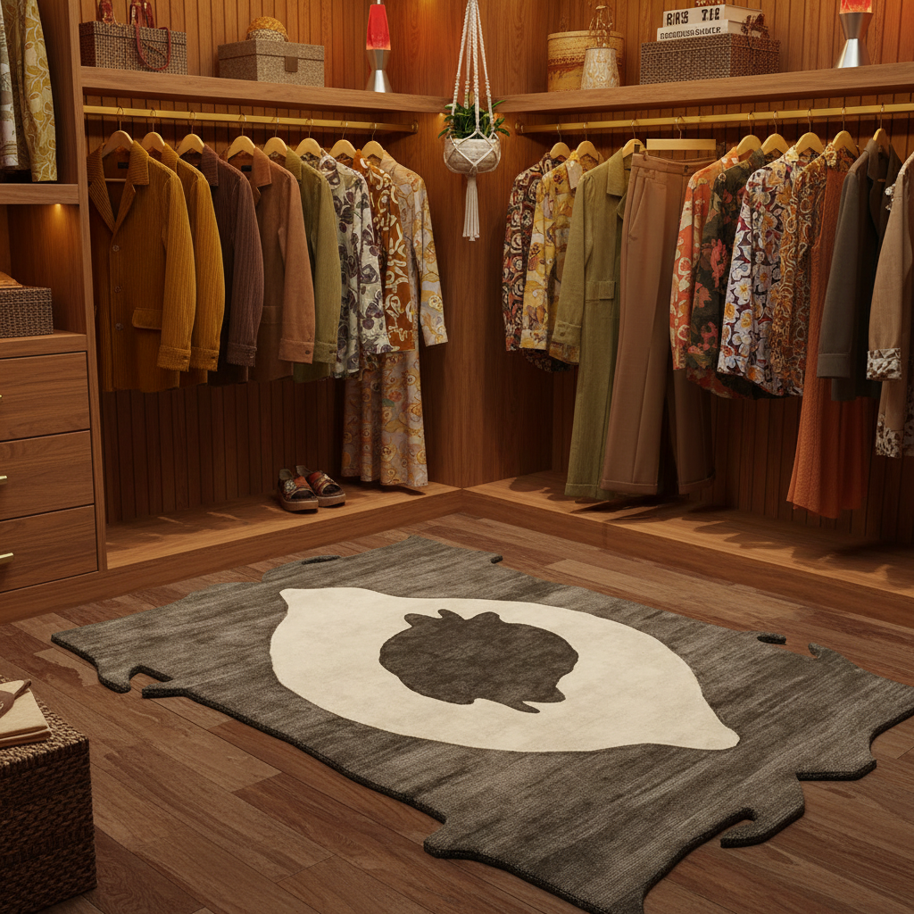 Closet with hanging clothes and a rug on the floor