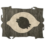 A contemporary area rug with an abstract design, featuring a unique eye-like pattern in neutral tones, ideal for modern living room decor. This wool rug showcases artistic raw edges, adding a sophisticated touch to any space.